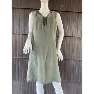 🔥Lina Tomei Made In Italy 100% Linen Green Rhinestone Embelished Shift Dress L